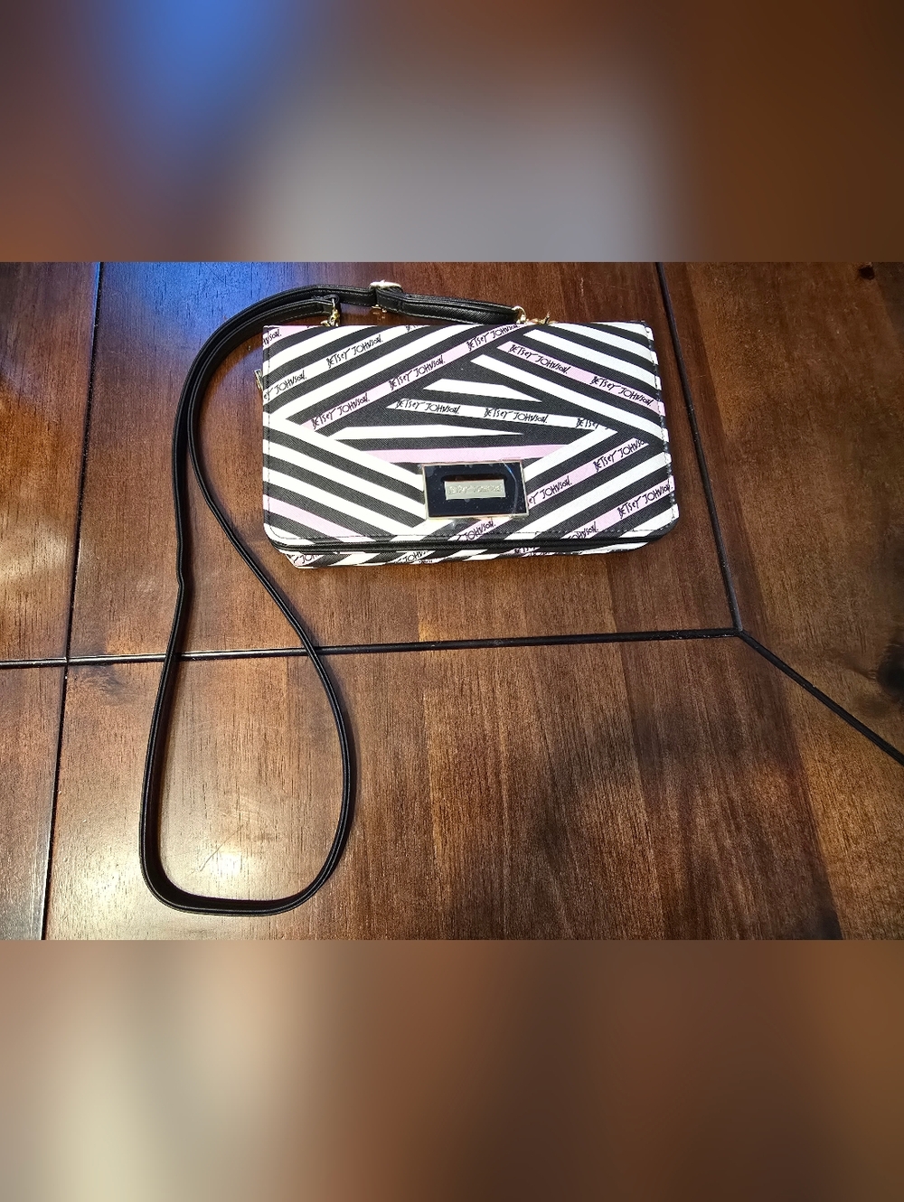 Betsey Johnson Black, White & Pink Diagonal Stripe Crossbody Wallet